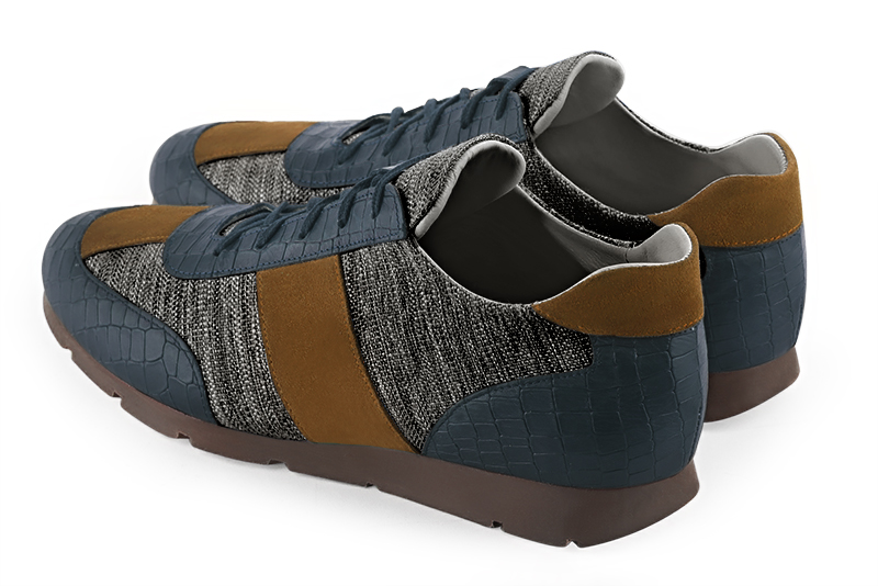 Denim blue, dark grey and caramel brown two-tone dress sneakers for men. Round toe. Flat rubber soles. Rear view - Florence KOOIJMAN